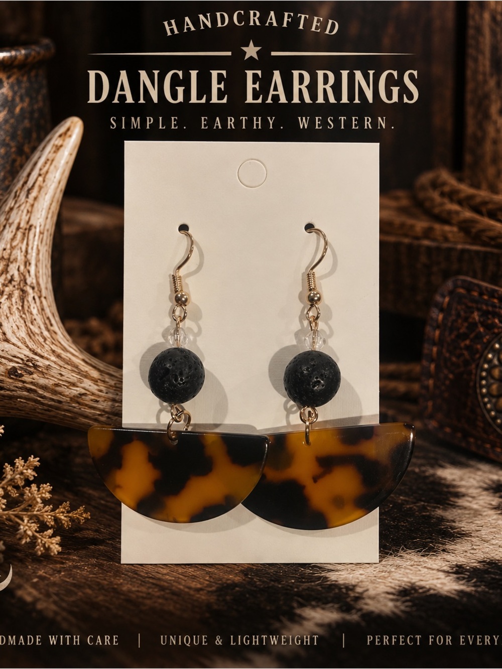 Handcrafted Tortoiseshell Earrings with Black Lava Bead